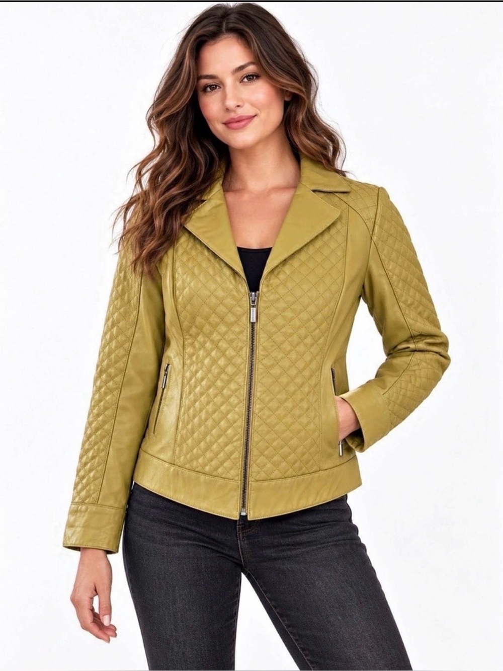 Vintage Bradley Bayou Avocado Green Quilted Leather Y2K Moto Jacket Women’s M